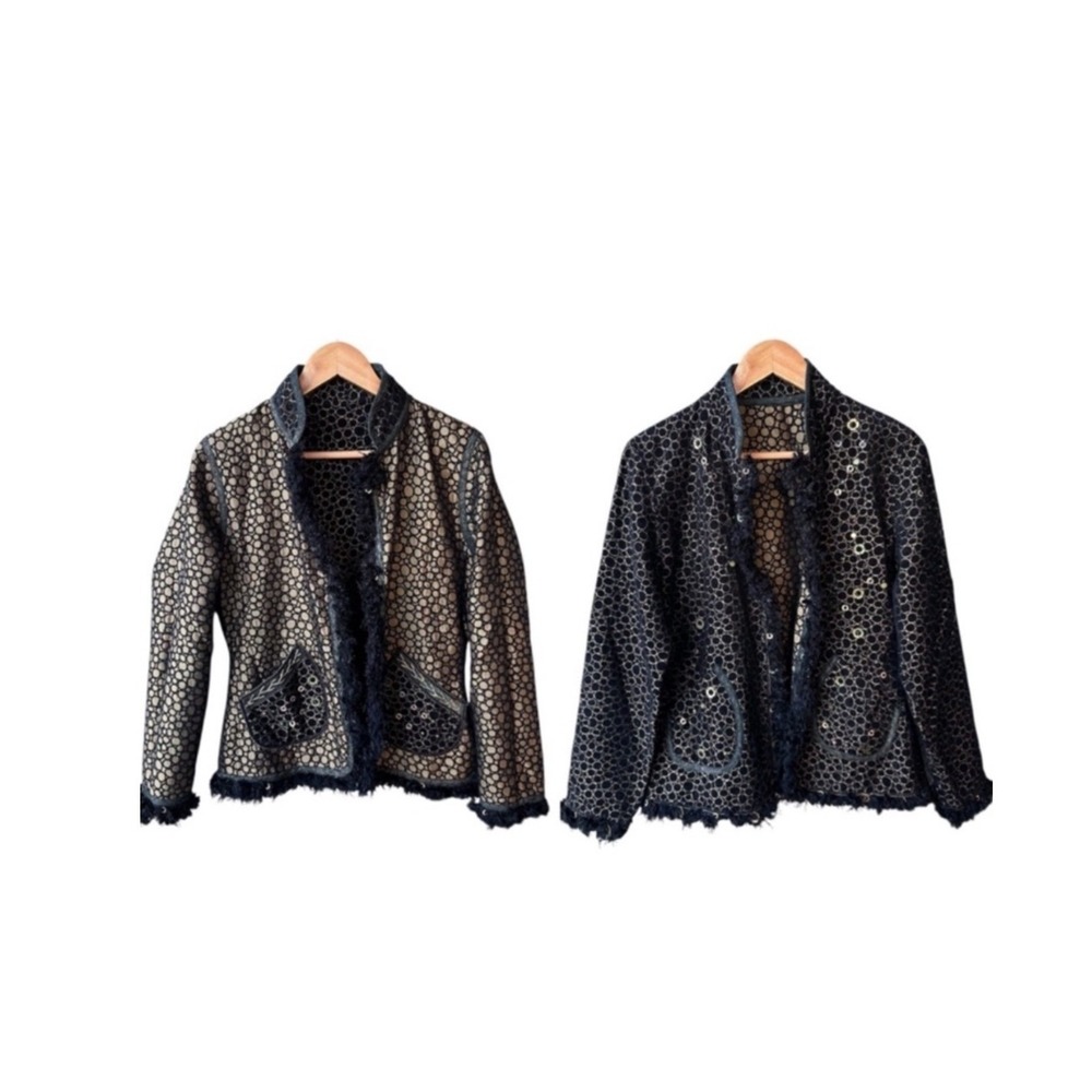 Yak Magik Reversible Jacket Coat Black Gold Honeycomb Sequin Fringe Trim Medium